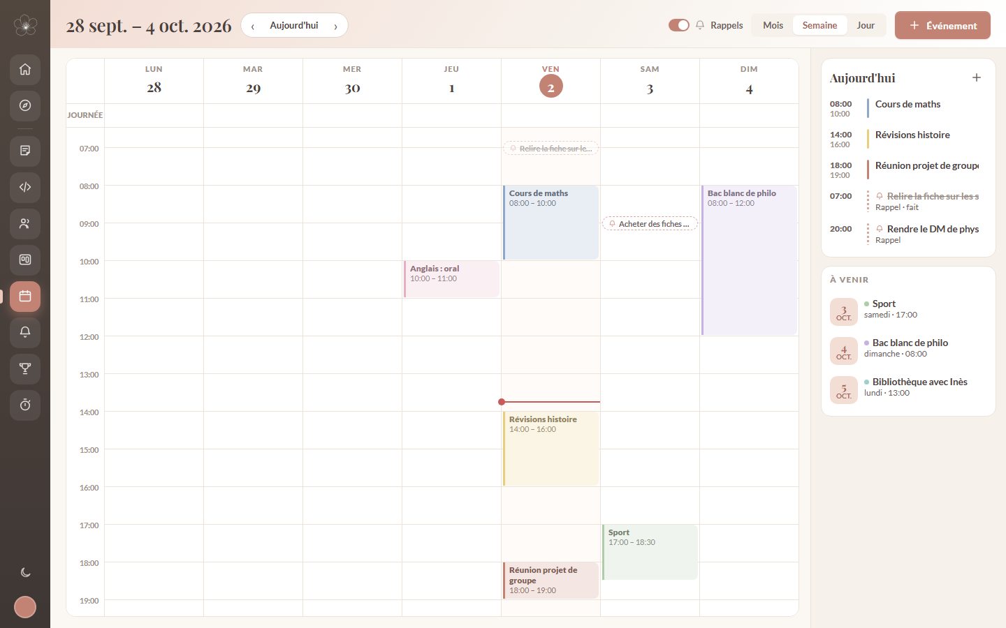 La vue semaine du calendrier Taskora avec des cours, des révisions et un bac blanc